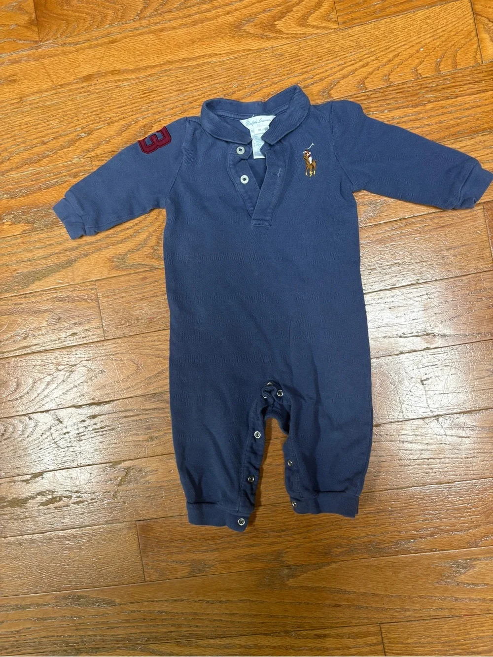 Ralph Lauren Baby Boys 9M Big Pony Rugby Romper Navy One Piece Long Sleeve